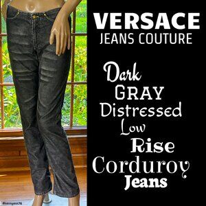 ⭐️HP⭐VERSACE COUTURE JEANS▪️Dark Gray Distressed Corduroy Low Rise Bootcut Jeans